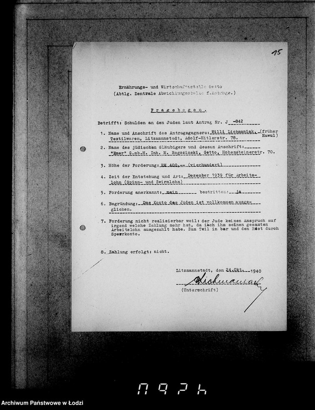 Obraz 19 z jednostki "J.841-860 [Wnioski Żydów z Getta o zwrot należności za prace lub towar wzięty na kredyt]"