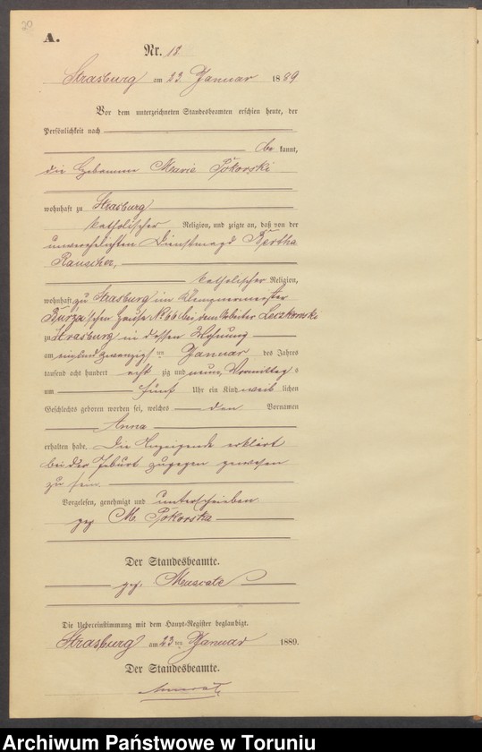 image.from.unit.number "Geburts-Neben-Register Strasburg W/Pr. für das Jahr 1889"