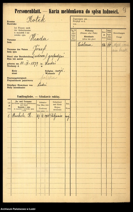 Obraz 11 z jednostki "[Spis ludności Łodzi] Kotek - Kowalczuk"