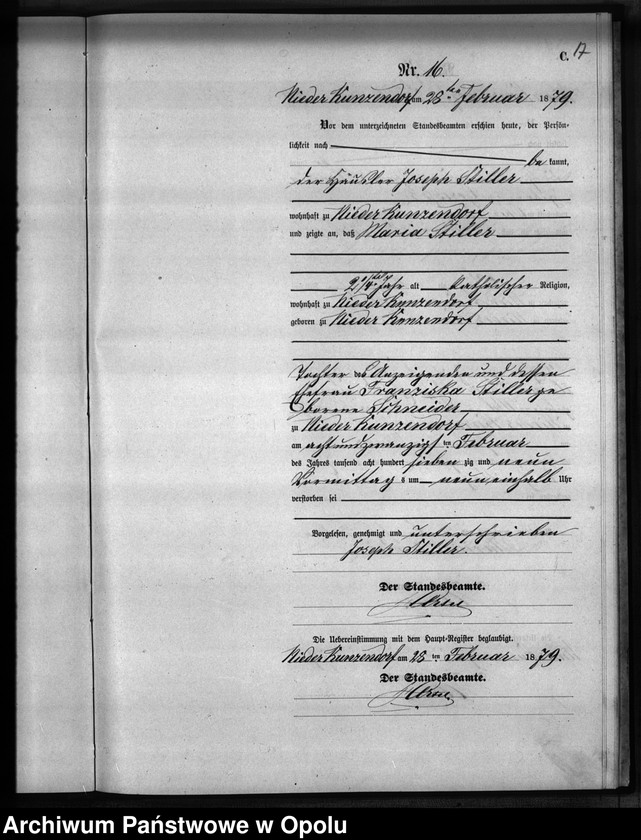 Obraz 20 z jednostki "Sterbe-Neben-Register Standesamts Kunzendorf pro 1879"