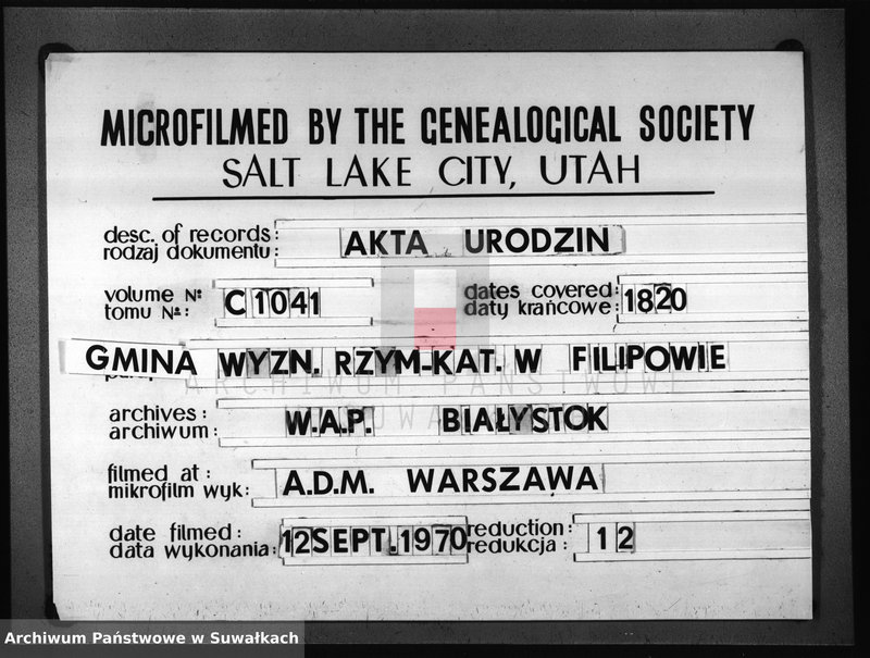 Obraz 1 z jednostki "Akta Urodzenia Gminy Filipowskiey od d. 1 Stycznia do dn. 31 Grudnia 1820 r."