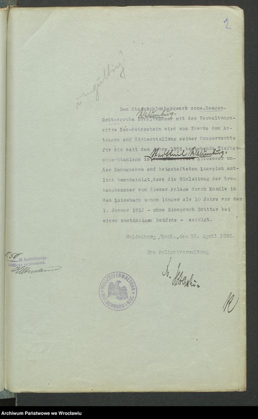 image.from.unit.number "Antrag auf Sicherstellung hilfsw. Verleihung u. Wasserrechten und deren Eintragung in das Wasserbuch für das Steinkohlenbergwerk Cons. Seegen-Gottes-Grube zu Altwasser Kr. Waldenburg i. Schl. Tiefbau-Schacht-Anlage I+II"