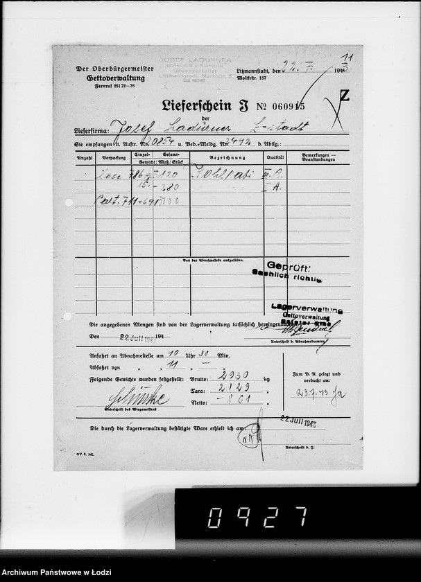 Obraz 15 z jednostki "Lebensmitteleinkauf, Aufträge, Lieferscheinen und Rechnungen 20832-20856 [Dostawa warzyw do Getta]"