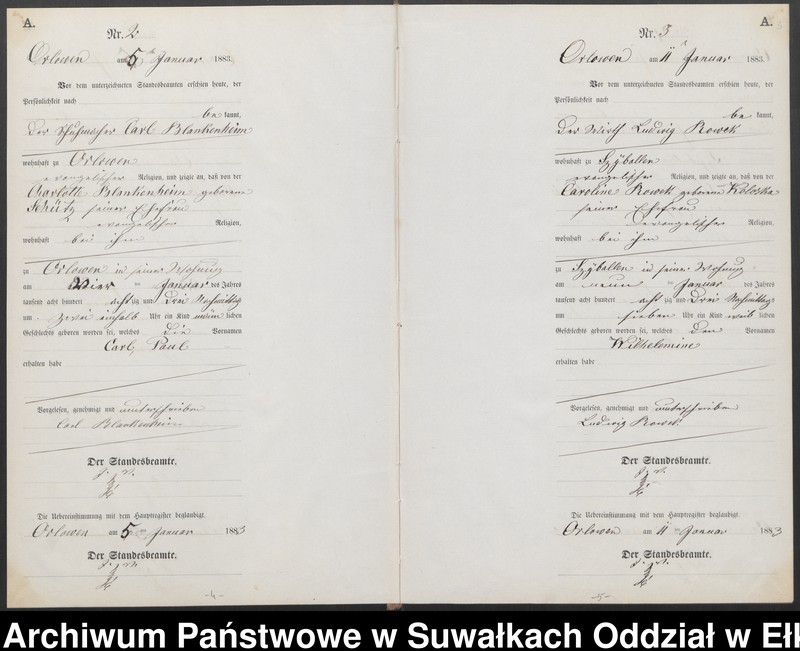 Obraz 6 z jednostki "Geburts-Neben-Register des Preussischen Standes-Amtes Orlowen Kreis Loetzen für das Jahr 1883"