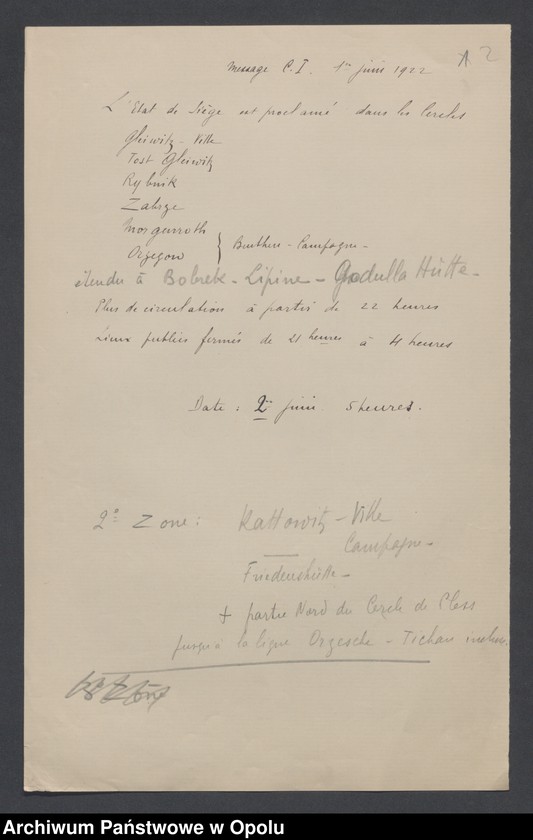 Obraz 4 z jednostki "Etat de Siege-Generalites-Notes de Principe-Renseignements-Organisations de Combat /Koerspondencja i zarządzenia dotyczące stanu wyjątkowego/Raporty dzienne o sytuacji wojskowej, incydenty, obwieszczenia/ 2.06.-1.07.1922"