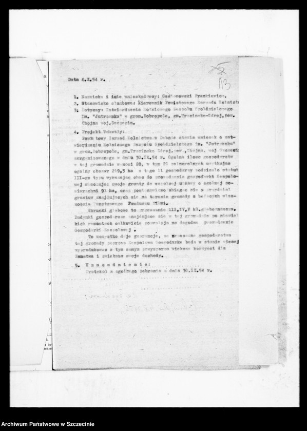 Obraz 17 z jednostki "Rolniczy Zespół Spółdzielczy "Jutrzenka" z siedzibą w Dobropolu powiat Chojna - organizacja"