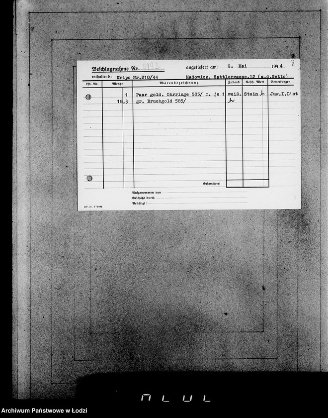 Obraz 12 z jednostki "Kripo.Unterlagen 3000-3200.[Dokumenty konfiskaty majątku ruchomego u Żydów]"