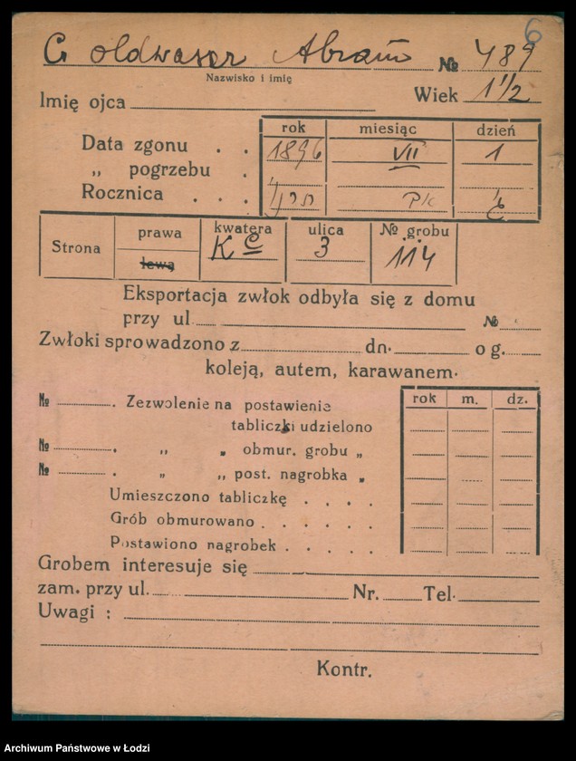 Obraz 7 z jednostki "Kartoteka osób pochowanych na cmentarzu żydowskim przy ulicy Brackiej w latach 1892-1959. Nazwiska na litery: Goldw-Gö"