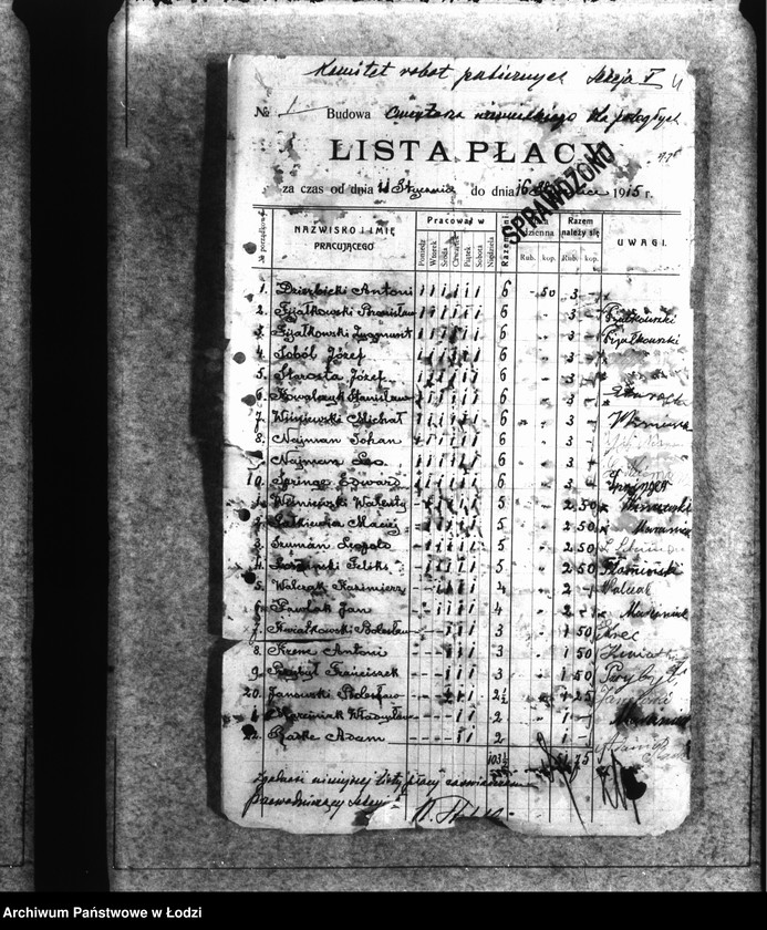Obraz 7 z jednostki "Dowody Sekcji Budowlanej [listy płacy, rachunek za urządzanie cmentarzy i parków łódzkich]"