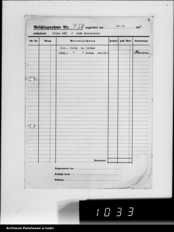 Obraz 5 z jednostki "Kripo.Unterlagen 200-450 [Kartoteka skonfiskowanego majątku ruchomego u Żydów]"