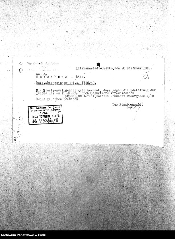 Obraz 18 z jednostki "[Korespondencja wychodząca i przychodząca z wydziałami getta, z niemieckimi urzędami i innymi gettami żydowskimi. Sprawy personalne, meldunkowe mieszkańców getta. Sprawy wewnętrzne Wydziałów Ewidencji]"