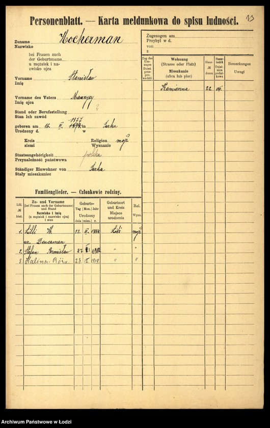 Obraz 15 z jednostki "[Spis ludności Łodzi] Hocherman - Hoferman"