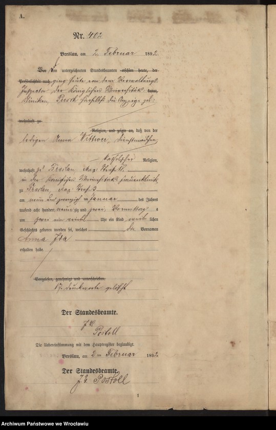 Obraz 5 z jednostki "Księga urodzeń Wrocław III 1892 t.01"