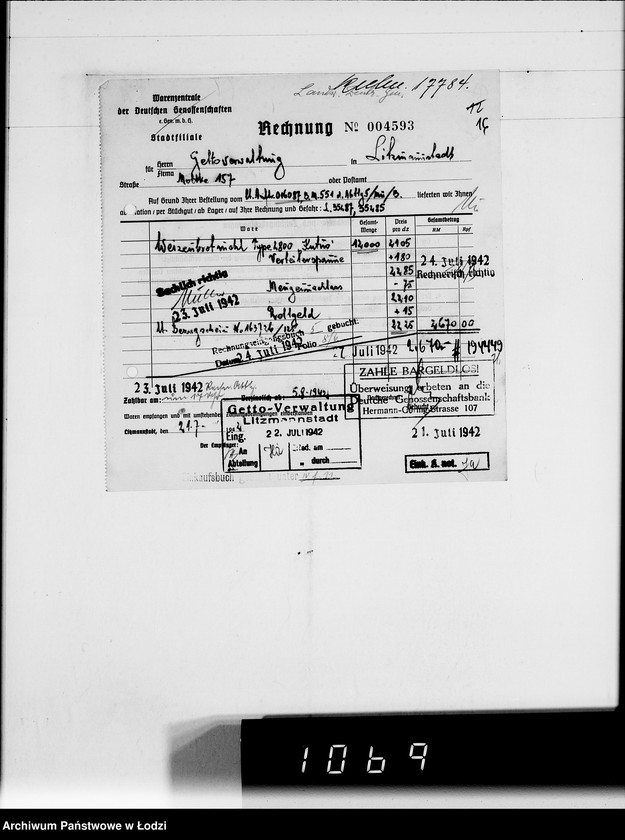 Obraz 20 z jednostki "Landwirtschaft-Zentralgenossenschaft.G.m.b.H.Rechnungen. [za dostawy towarów dla Getta]"