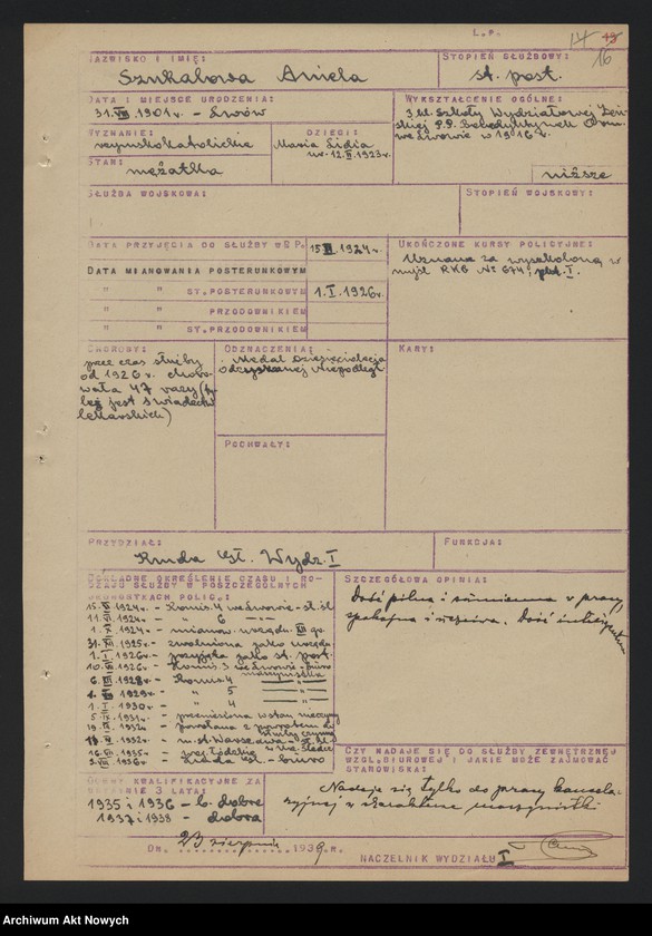 image.from.unit.number "Ewidencja szeregowych Policji Państwowej, zatrudnionych w pracy biurowej w Wydziale I Komendy Głównej Policji Państwowej. Wykazy."