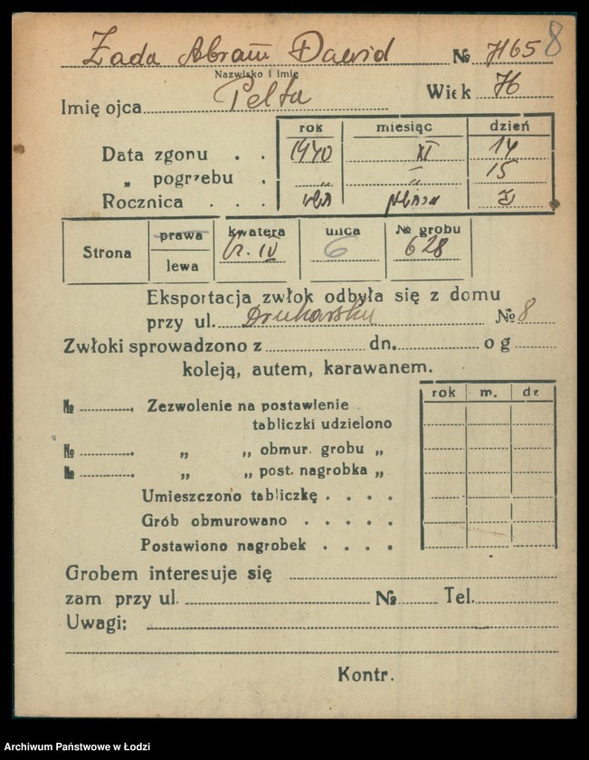Obraz 9 z jednostki "Kartoteka osób pochowanych na cmentarzu żydowskim przy ulicy Brackiej w latach 1892-1956. Nazwiska na literę Ż"