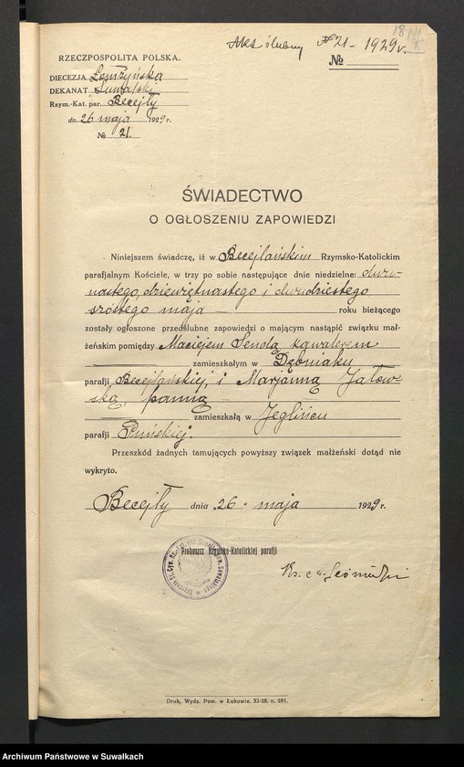 image.from.unit.number "Aneksy dp aktów zaślubionych rz.kat. parafji Puńsk (pow. Suwalskiego) za rok 1929"