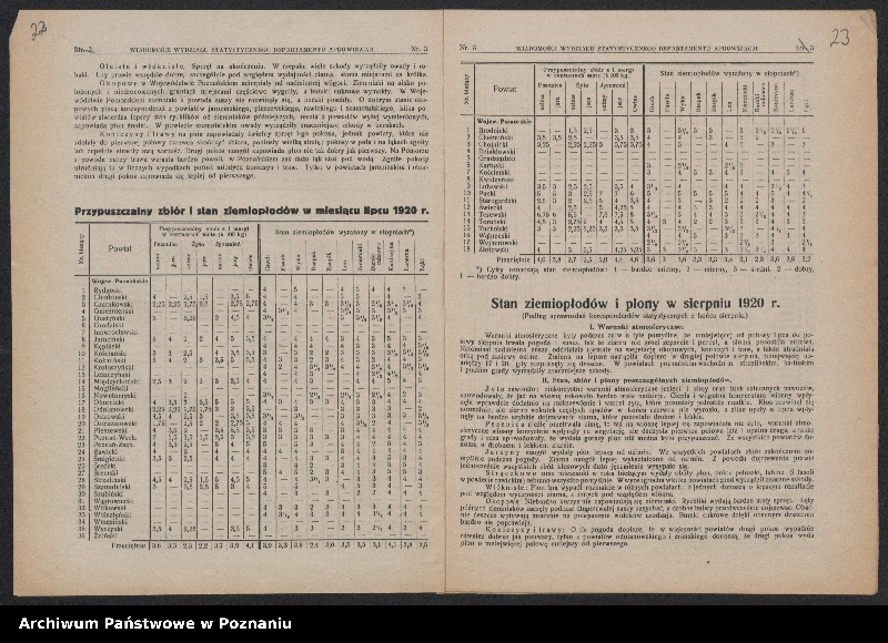 Obraz 15 z jednostki "[Biuletyny statystyczne Wydziału Statystycznego Ministerstwa byłej Dzielnicy Pruskiej - stan ziemiopłodów w kwietniu, maju i lipcu 1920 roku oraz ceny maksymalne na artykuły żywnościowe]"