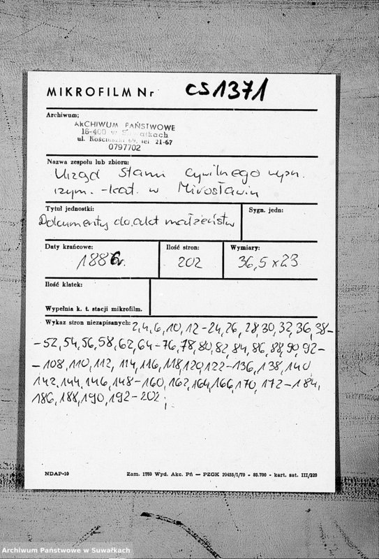 image.from.unit.number "Dokumenty k aktam brakosočetavšichsja Miroslavskago Rimsko- Katoličeskago prichoda za 1886 god"