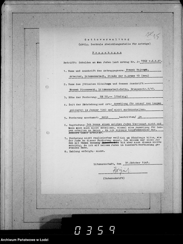 Obraz 19 z jednostki "J.1561-1580 [Wnioski Żydów z Getta o zwrot należności za towar wzięty na kredyt]"