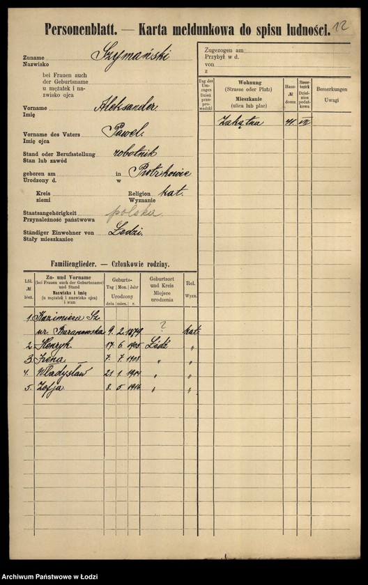 Obraz 14 z jednostki "[Spis ludności Łodzi] Szymański-Szymczacka"