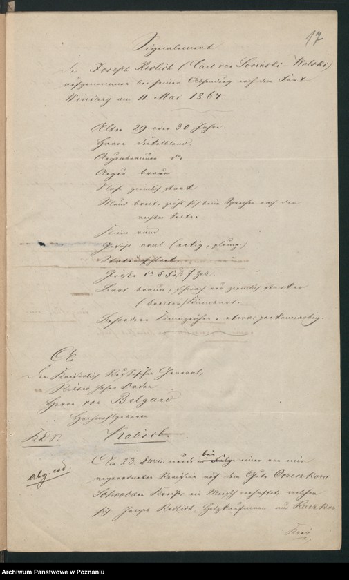 Obraz 20 z jednostki "Acta betreffend den in Orzeszkowo Kreis Schroda /Środa/ am 23.April 1864 verhafteten, angeblichen Holzkaufmann Josef Redlich aus Raszkowo, Kreis Adelnau /Odolanów/."
