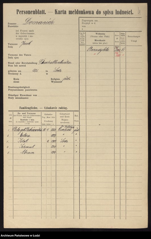 Obraz 6 z jednostki "[Spis ludności Łodzi] Doman - Domowicz"