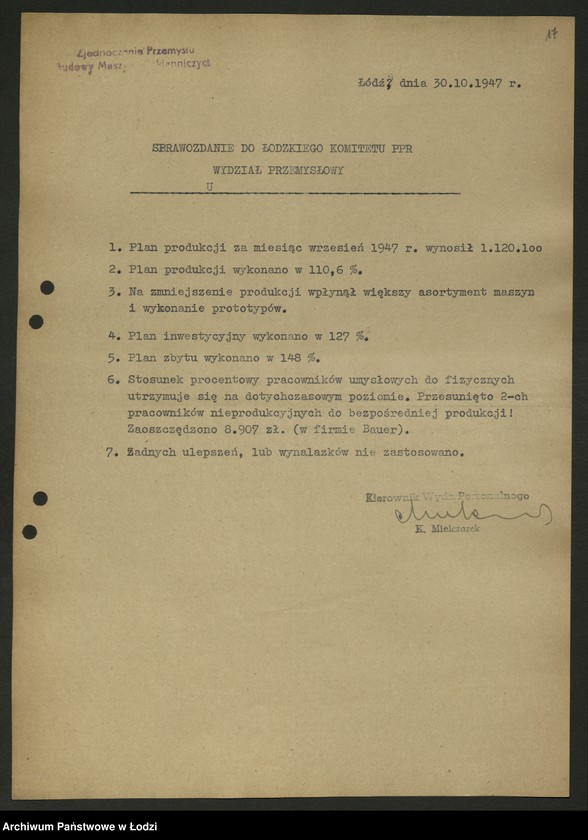 Obraz 18 z jednostki "Zjednoczenie Przemysłu Budowy Maszyn Włókienniczych; protokół [narady], sprawozdania [z produkcji]"
