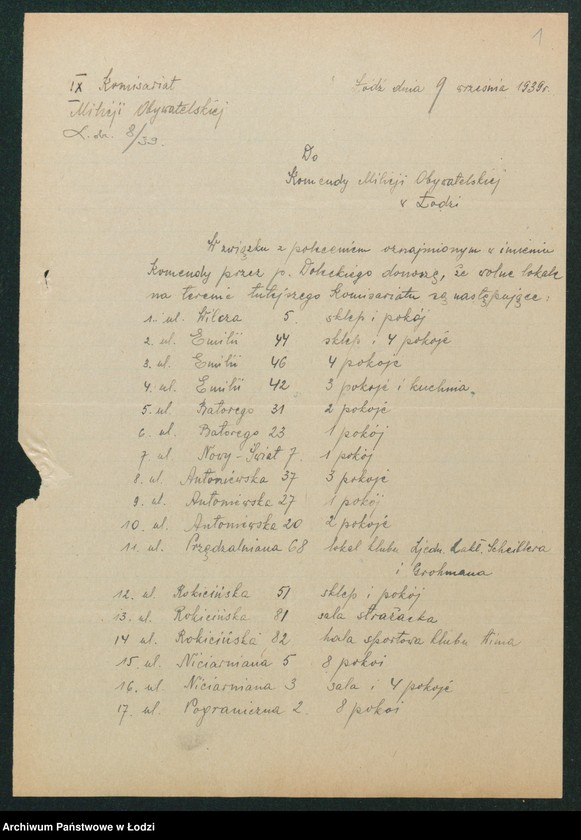 Obraz 3 z jednostki "[Akta IX Komisariatu Milicji Obywatelskiej - pokwitowania, spisy oddanej broni, spisy wolnych lokali, rowerów i motocykli]"