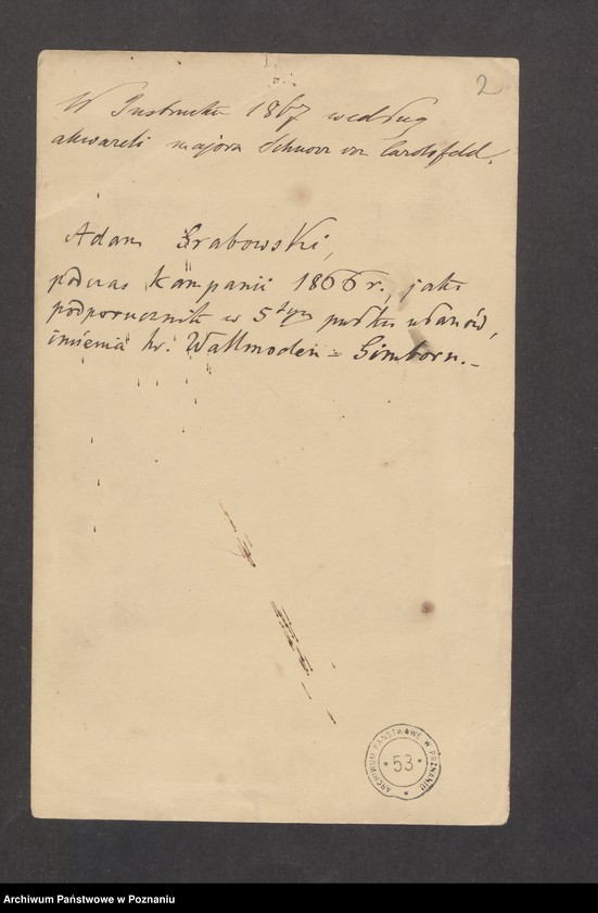 Obraz 5 z jednostki "Adam Grabowski podczas kampanii 1866 r., jako podporucznik w 5 pułku ułanów imienia hr. Wallmoden-Gimborn - fotokopia, według akwareli Schnorr von Carolsfelda"