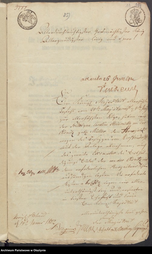 image.from.unit.number "In S. [Sachen] der Friderique Caroline Henriette geschiedene von der Oelsnitz geborene Müller wegen des in Subhastatione voluntaria erkauften Adelichen Guts Kirsteinsdorff [Kiersztanowo] H.[Haupt] Amts Osterode [Ostróda]"