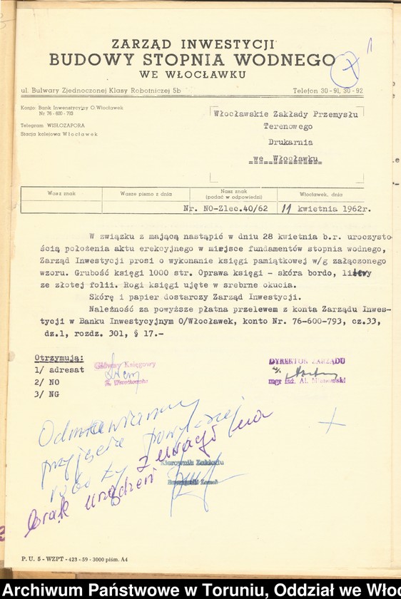 image.from.unit.number "Akt erekcyjny położony w miejscu fundamentów stopnia wodnego we Włocławku w dniu 28.04.1962."