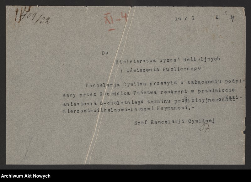 image.from.unit.number "Zniesienie wyroków Ewangelickich Sądów Konsystorskich: Augsburskiego i Reformowanego, o sześcioletnim terminie zakazu wstąpienia w ponowne związki małżeńskie oraz zakazu 10 miesięcznego.Reskrypty Naczelnika Państwa, wnioski, korespondencja z Min. Wyznań Religijnych i Oświecenia Publicznego"