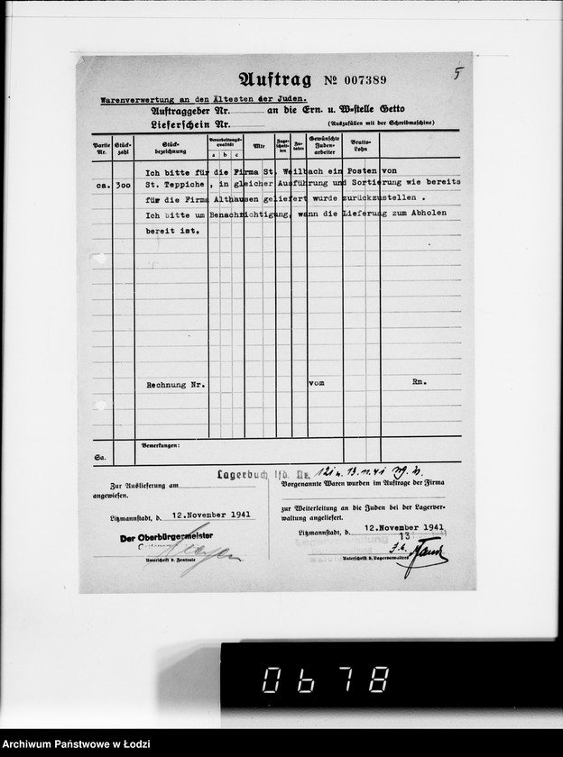 Obraz 9 z jednostki "F-ma St.Weilbach Litzmannstadt II Warenverwertung an den Juden Ältesten. 300 Stck.Teppiche"