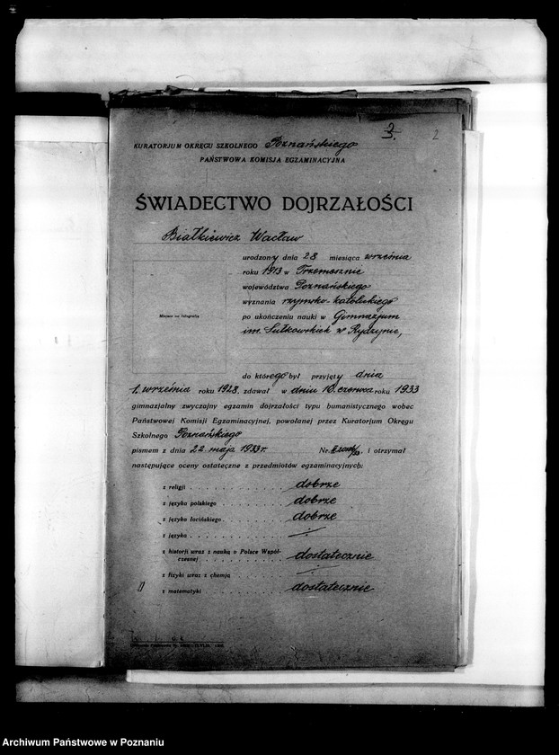 Obraz 5 z jednostki "Prywatne Gimnazjum imienia Sułkowskich w Rydzynie [odpisy świadectw egzaminu dojrzałości 1938 i 1939]"