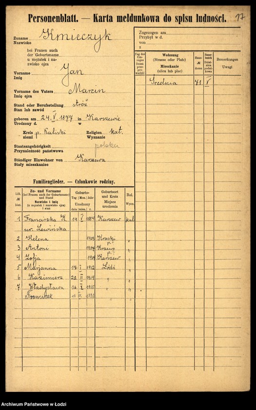 Obraz 19 z jednostki "[Spis ludności Łodzi] Kmiecik - Knittel"