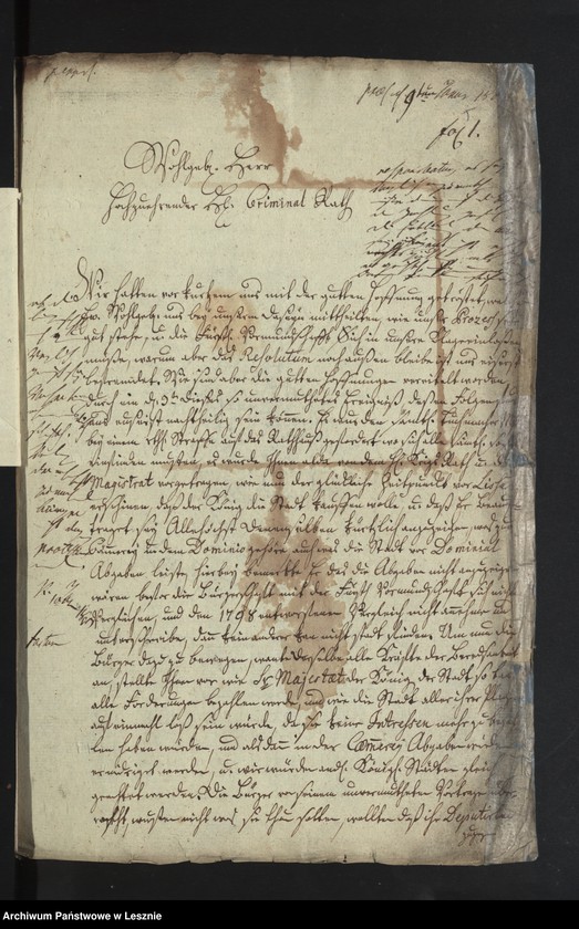 Obraz 8 z jednostki "[Akta manualia des Kriminalrats Künzel als Generalmandatarii der Stadtkommunität und Bürgerschaft zu Lissa in Klagen contra die Fürstl. von Sułkowski