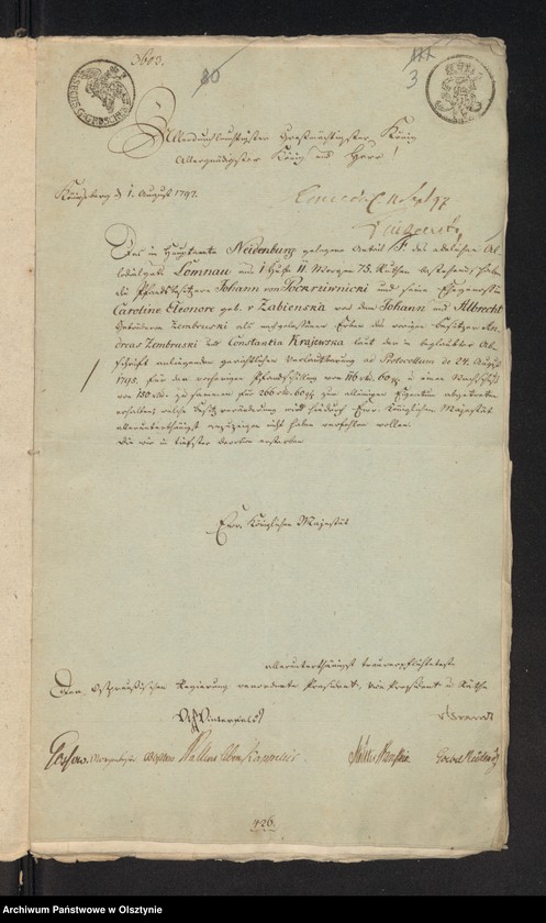 image.from.unit.number "In S. [Sache] der Pfandsbesitzern Johann v. [von] Pokrzywnicki und deßen Ehegathin Caroline Eleonore geboren von Zabienski wegen des zum alleinigen Eigenthum an sie abgetretenen Antheils F im adl. [adeliche] Allodial Gut Lomnau [Łomno] Haupt Amts Neidenburg [Nidzica] bestehend aus 1 Hube 11 Morgen 15 R. [Rute]"