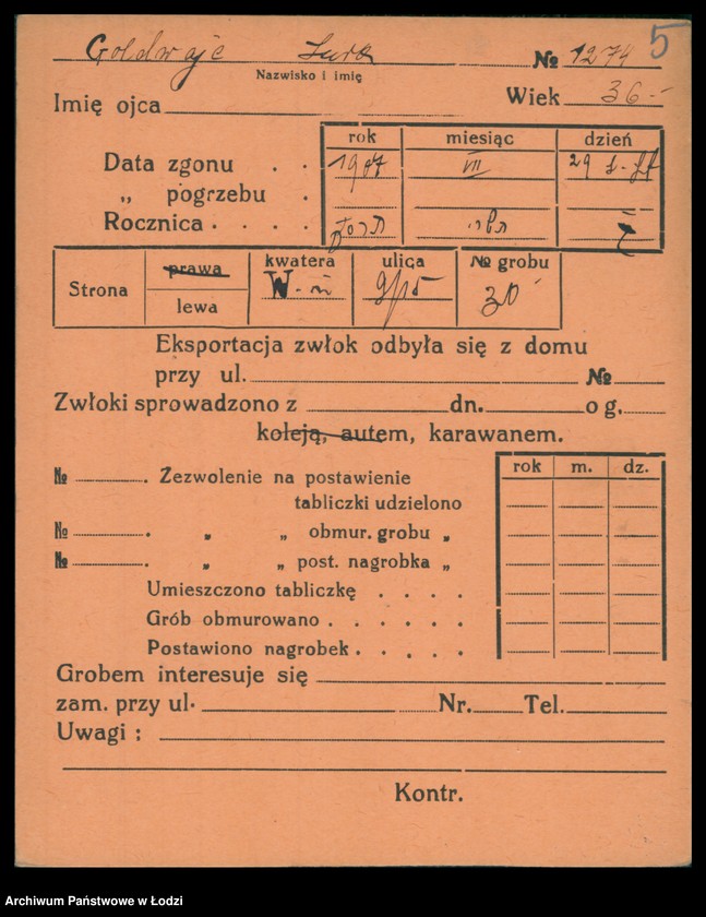 Obraz 6 z jednostki "Kartoteka osób pochowanych na cmentarzu żydowskim przy ulicy Brackiej w latach 1892-1959. Nazwiska na litery: Goldw-Gö"