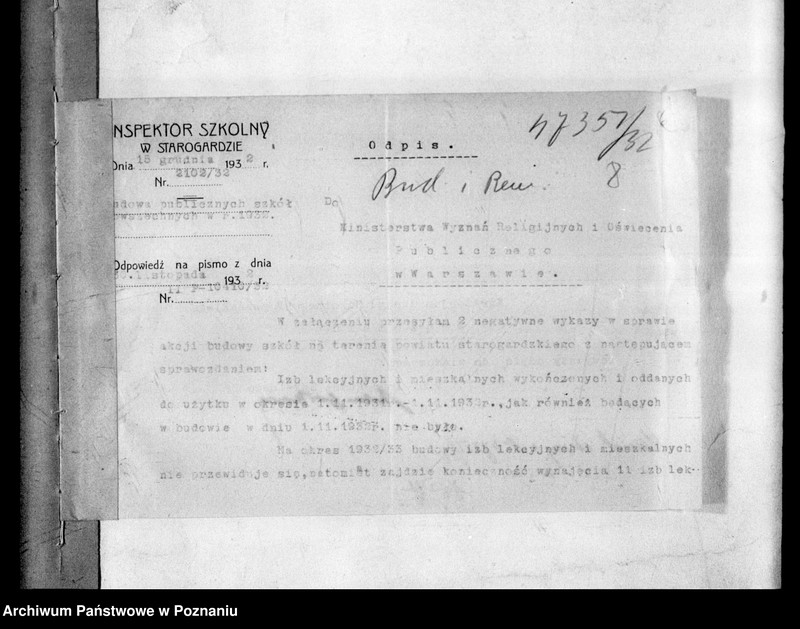 Obraz 11 z jednostki "Budynki i remonty [Sprawozdania dotyczące budowy publicznych szkół powszechnych i kredytów inwestycyjnych na szkolnictwo średnie]"