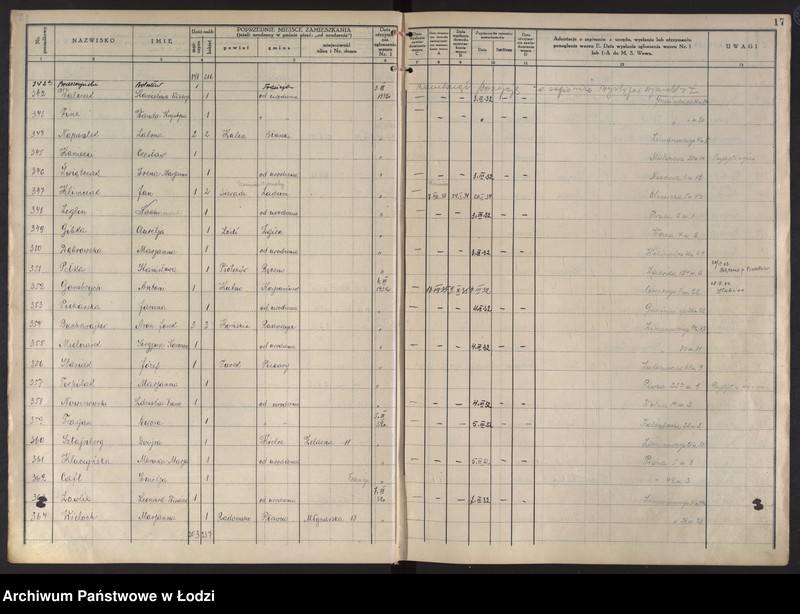 Obraz 20 z jednostki "Księga kontroli ruchu ludności (rejestr osób przybywających do gminy) Łódź, komisariat I, nr 1-2004"