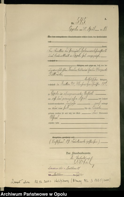 Obraz 11 z jednostki "Urząd Stanu Cywilnego Opole Księga Urodzeń Rok 1913 540-1057"