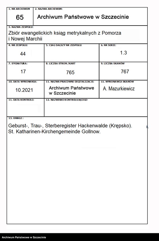 image.from.unit.number "Geburst-, Trau-, Sterberegister Hackenwalde (Krępsko). St. Katharinen-Kirchengemeinde Gollnow."