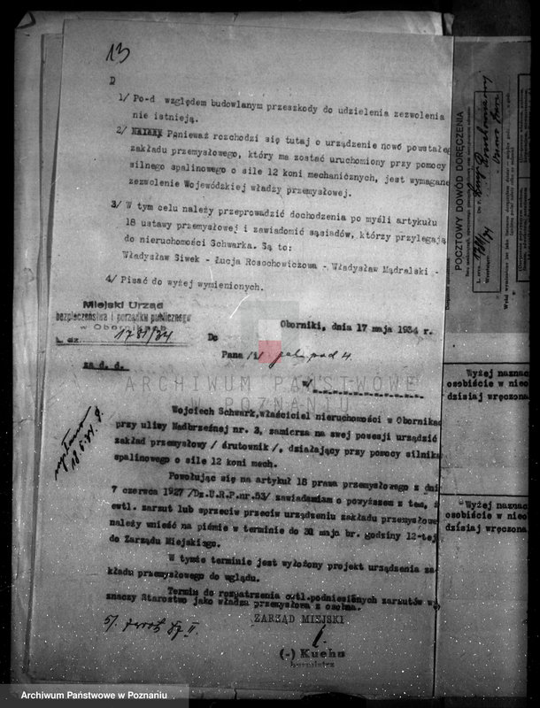 Obraz 17 z jednostki "Zatwierdzenie zakładu przemysłowego /śrutownika/ własność Schwarka w Obornikach"