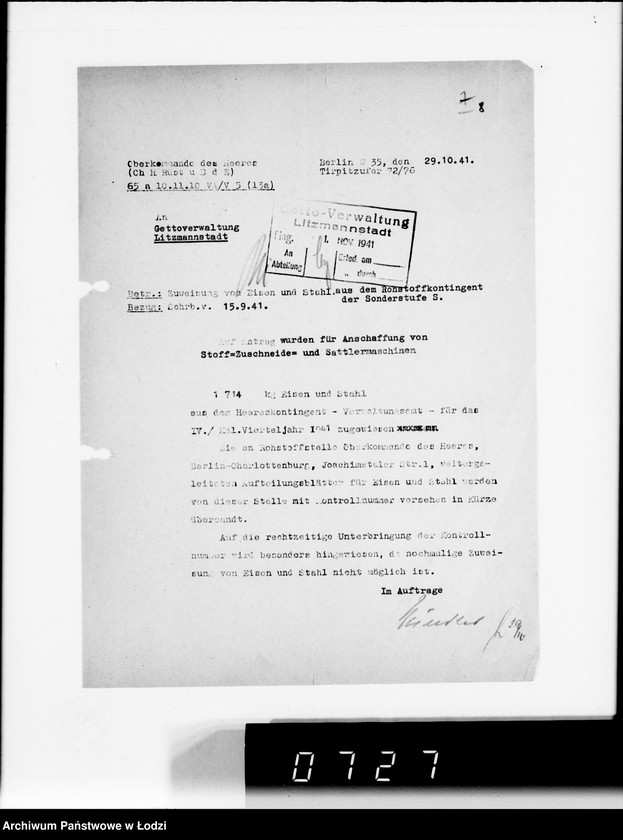 Obraz 12 z jednostki "Rüstungsinspektion des Wehrkreises XXI Abt.Verwaltung.[Korespondencja w sprawie przydziału żelaza]"