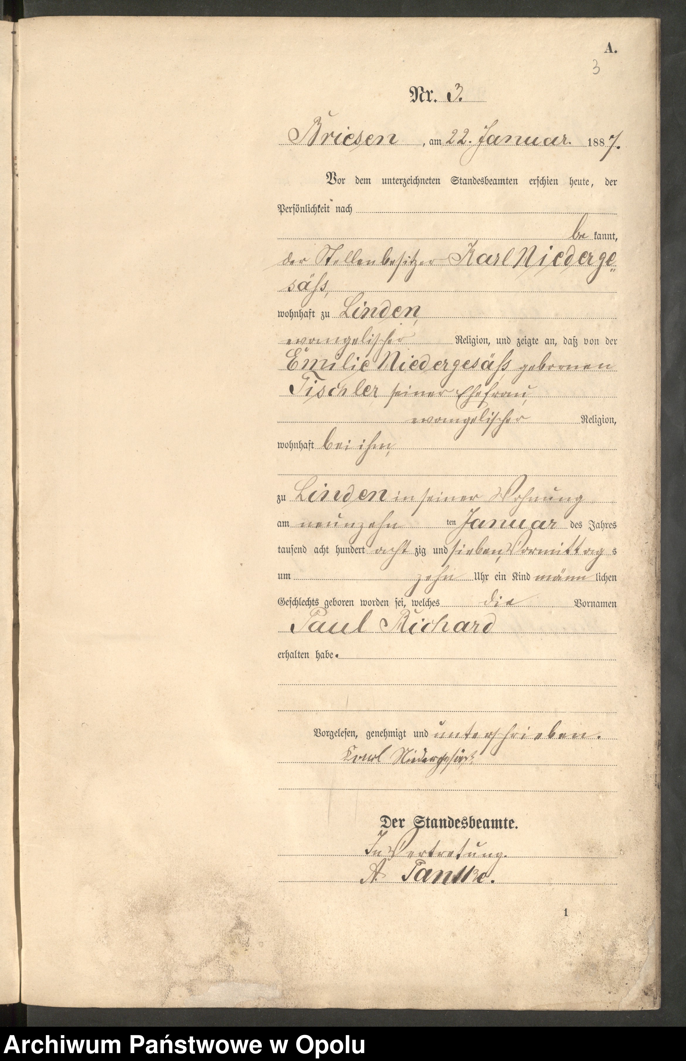 Skan z jednostki: Geburts-Haupt-Register Standes-Amt Rothh.[aus] Briesen 1887