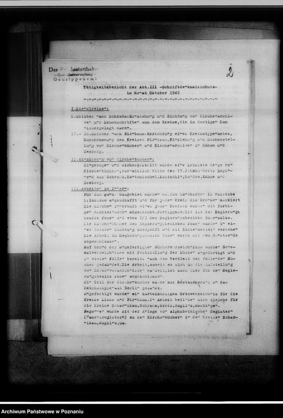 Obraz 6 z jednostki "[Sprawozdanie z podróży służbowej pracowników Gausippenamt w Poznaniu dotyczące zajętych ksiąg kościelnych, archiwów kościelnych oraz działalności powiatowych urzędów do spraw genealogicznych i Urzędu do Spraw Genealogicznych w Poznaniu]"