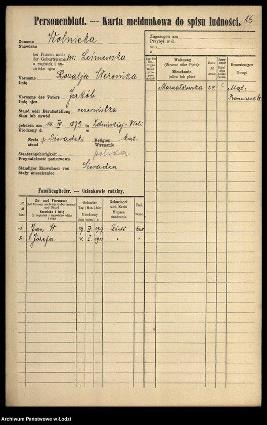 Obraz 18 z jednostki "[Spis ludności Łodzi] Wolniakiewicz - Wolst"