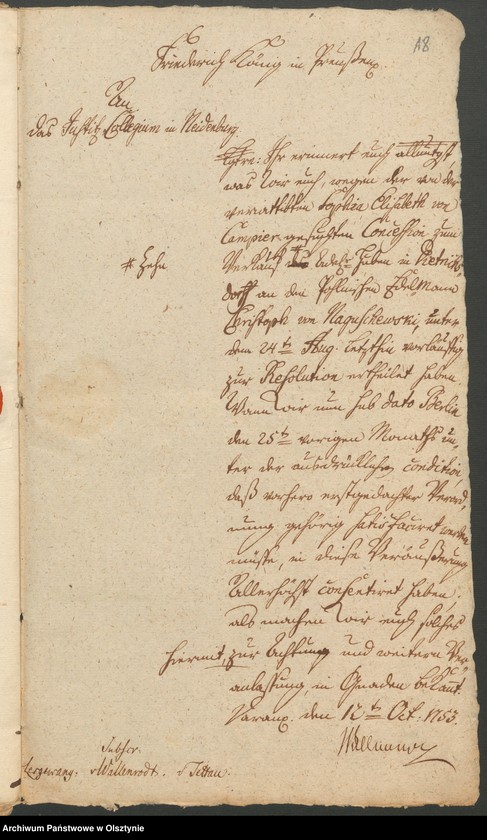 image.from.unit.number "In S. [Sachen] der verwittibten Lieutenantin Sophia Elisabeth von Campier. Den Verkauff ihrer 10 Adelichen Huben in Dietrichsdorff [Wietrzychowo] an den Christoph von Naguschewski"