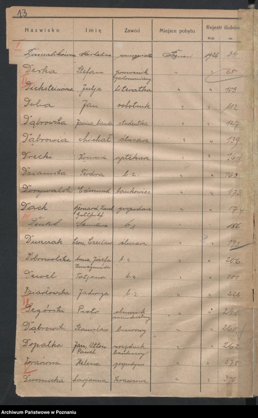 Obraz 15 z jednostki "Spis alfabetyczny małżeństw za 1926"